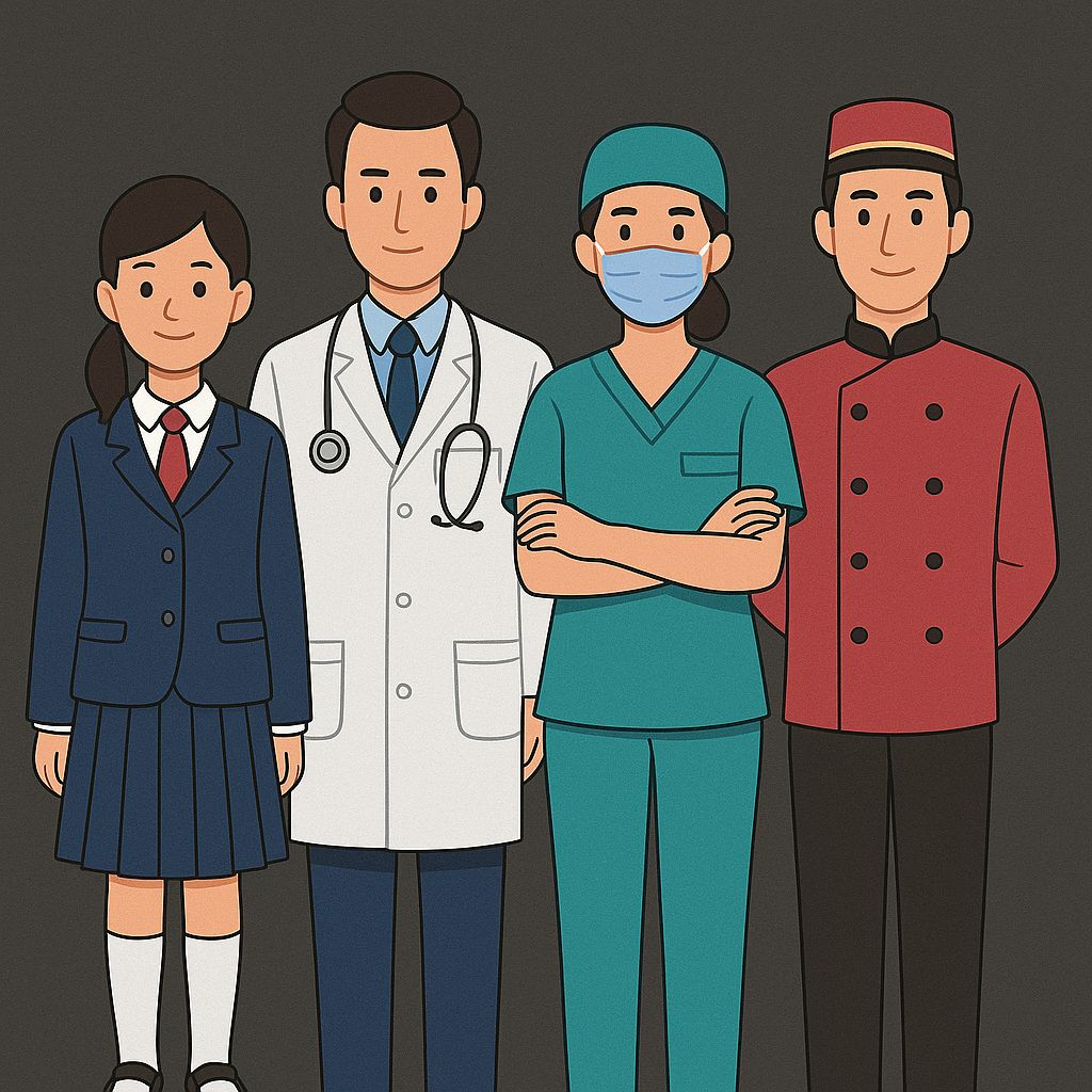 Illustration of various uniforms including school, medical, and chef attire